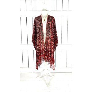 Red black sequin fringe tassel kimono cardigan cover up jacket